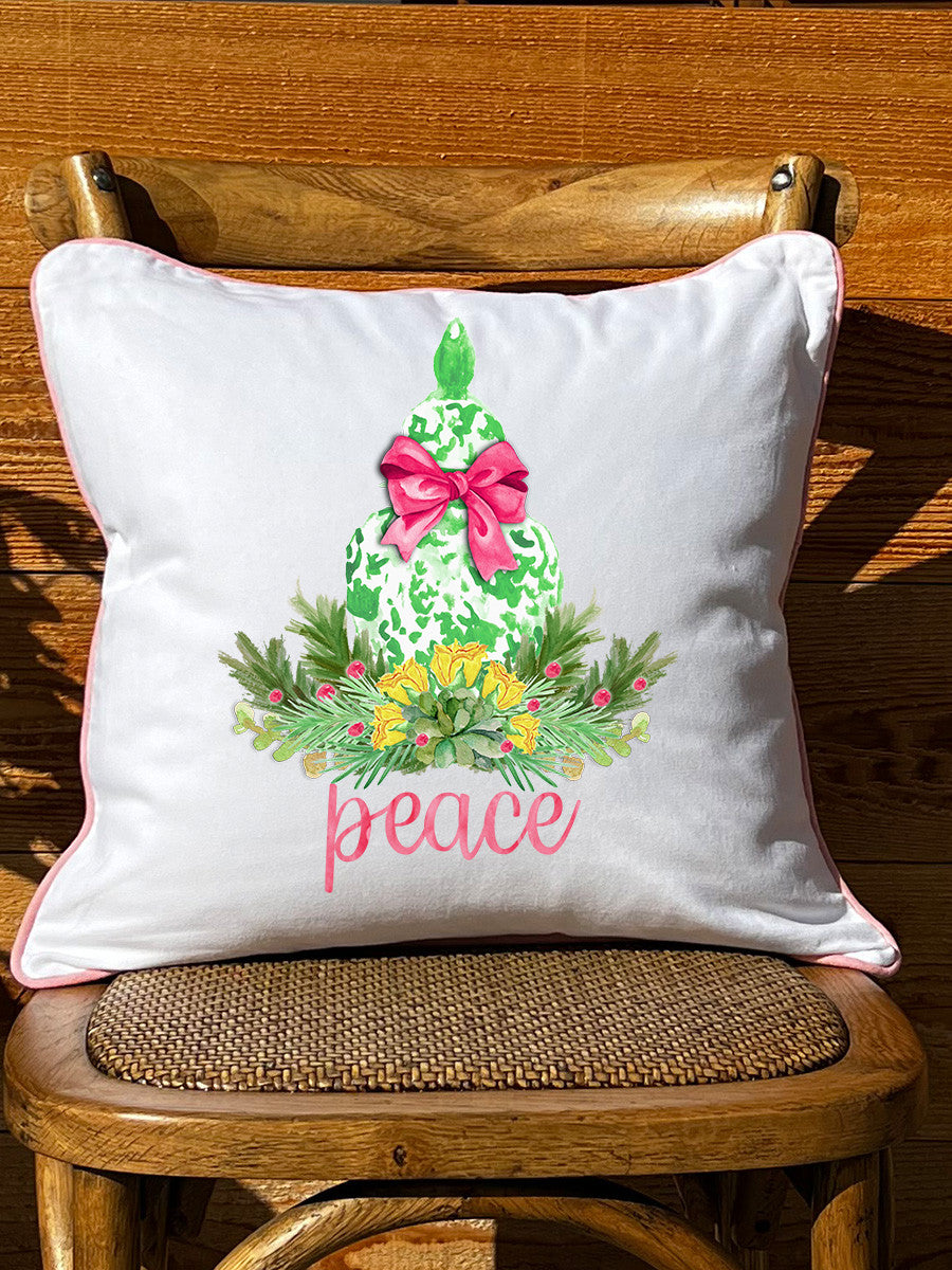 Peace Ginger Jar White Square Pillow with Piping