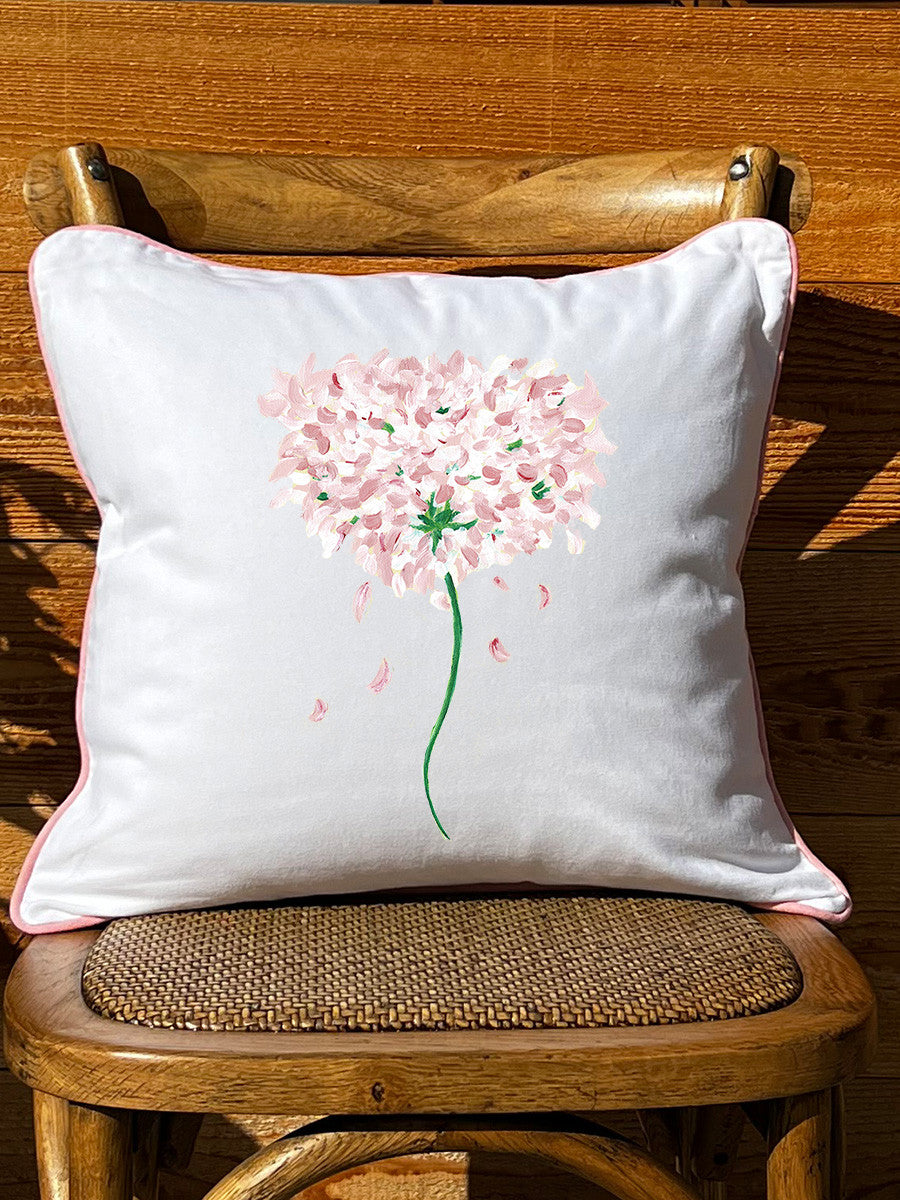 Pale Pink Hydrangea White Pillow with Piping