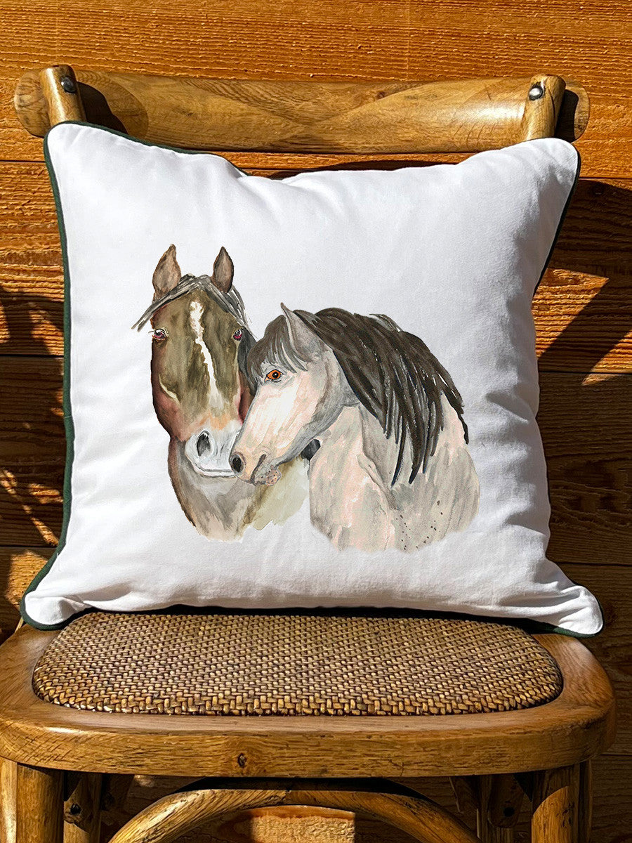 Horse Love White Square Pillow with Piping
