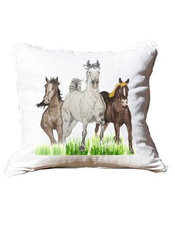 Galloping Horse Trio White Square Pillow with Piping