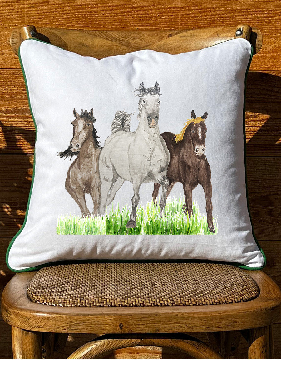 Galloping Horse Trio White Square Pillow with Piping