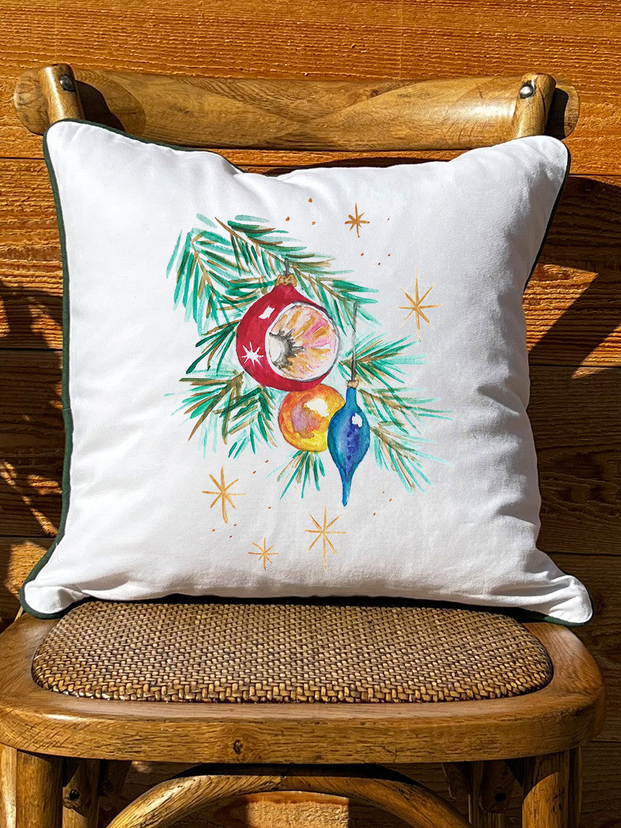 Hanging Vintage Ornaments White Square Pillow with Piping