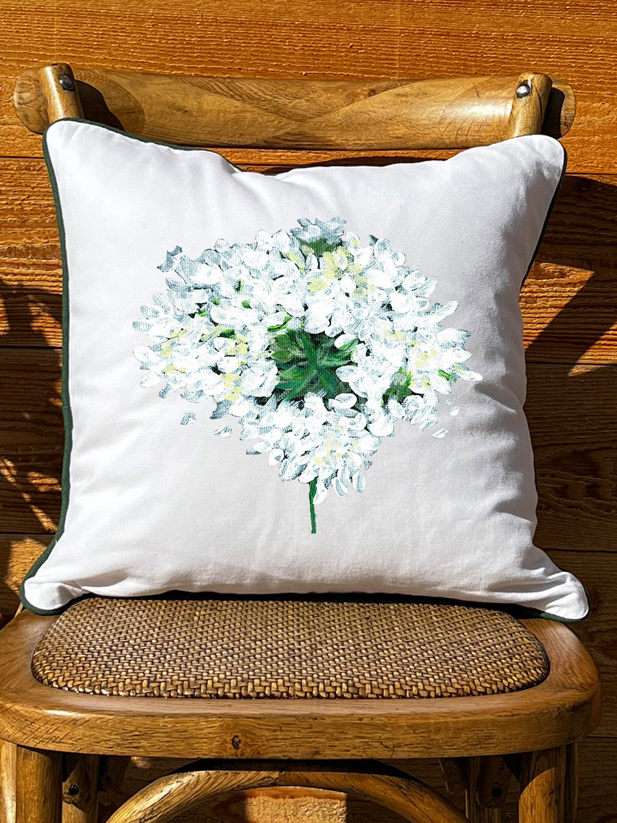 White Hydrangea White Pillow with Piping