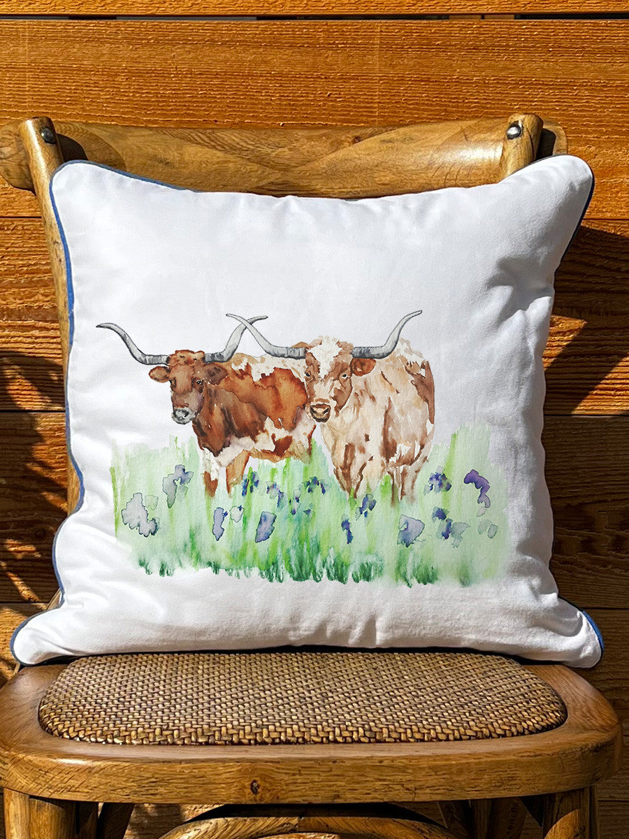 Longhorns in Bluebonnets White Rectangle -  Square Pillow with Piping