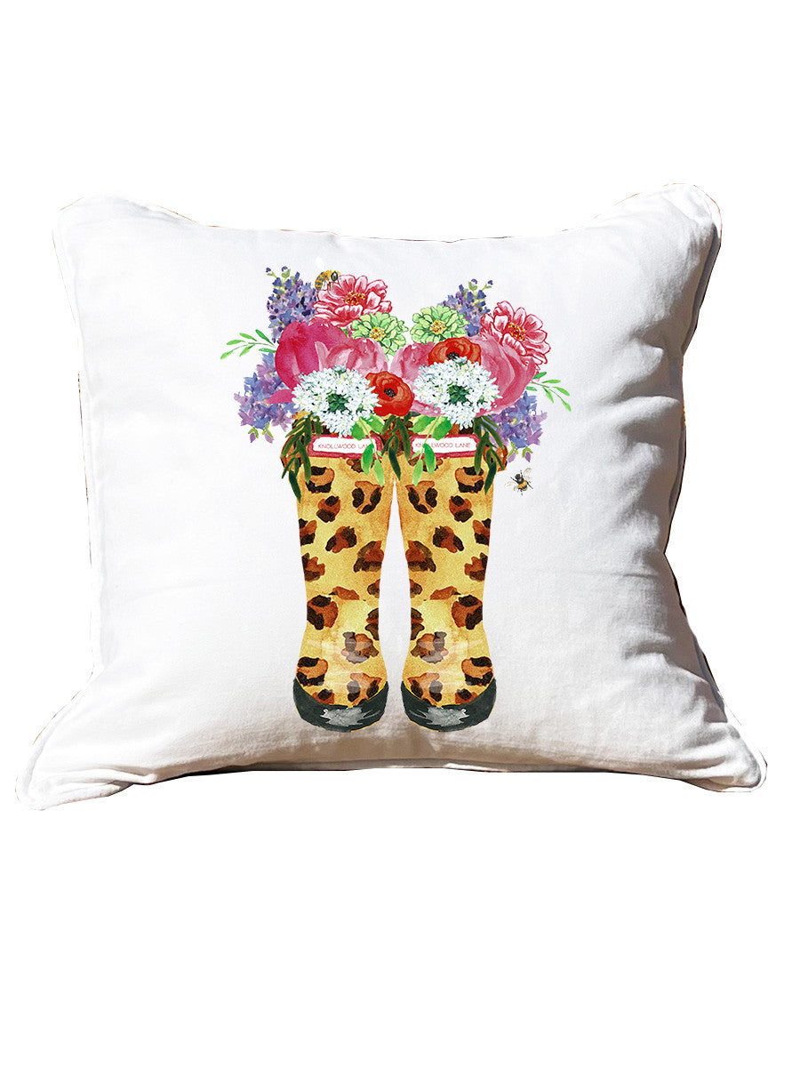 Leopard Boots With Flowers White Square Pillow with Piping