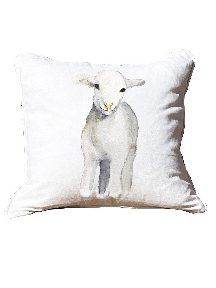 Little Lamb White Square Pillow with Piping