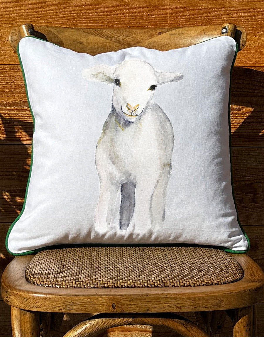 Little Lamb White Square Pillow with Piping