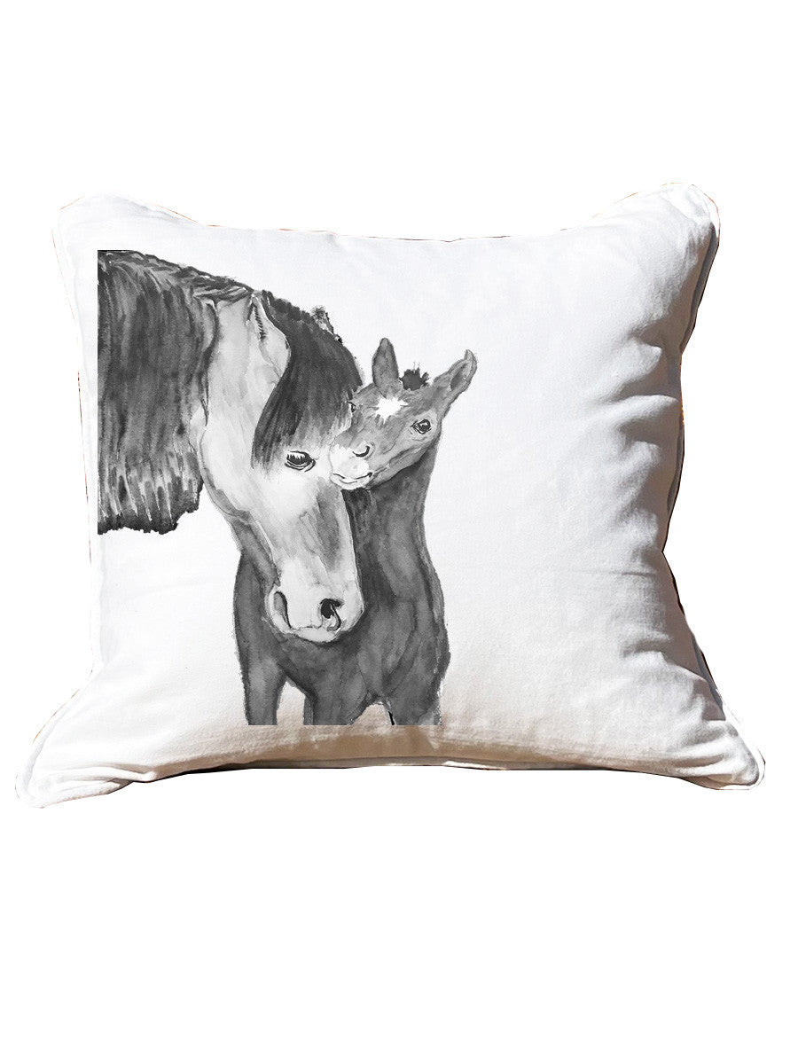 Mother and Foal White Square Pillow with Piping