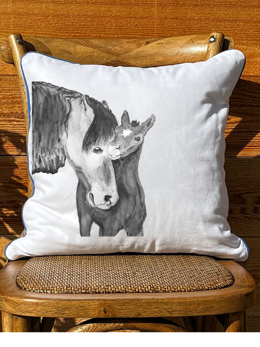 Mother and Foal White Square Pillow with Piping