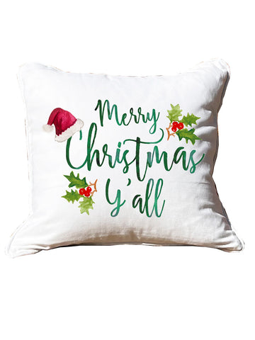 Merry Christmas Y'all White Square Pillow with Piping