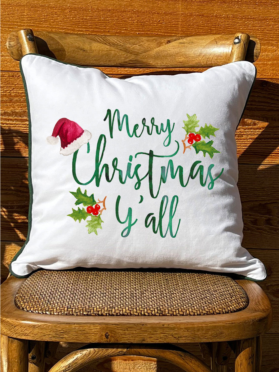 Merry Christmas Y'all White Square Pillow with Piping