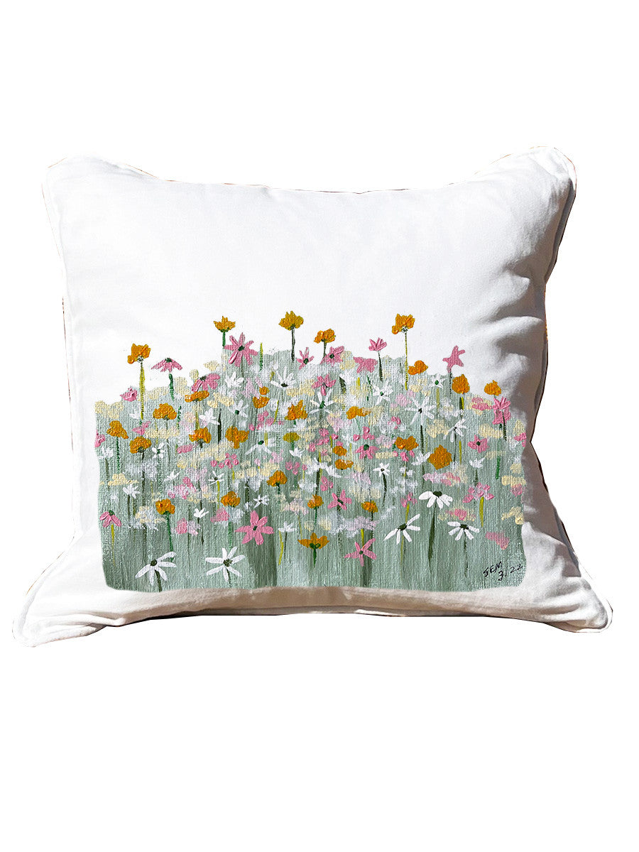 Meadow Flowers White Square Pillow with Piping