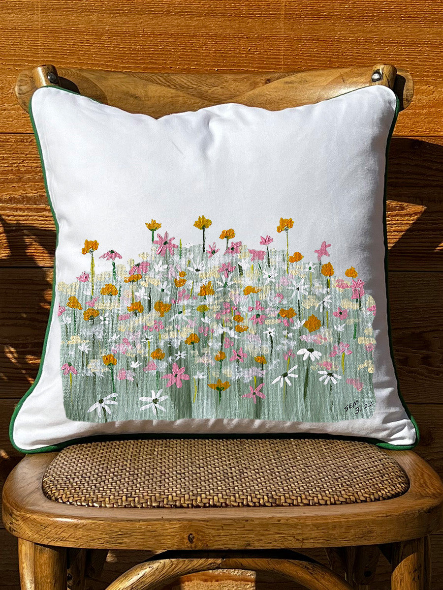 Meadow Flowers White Square Pillow with Piping