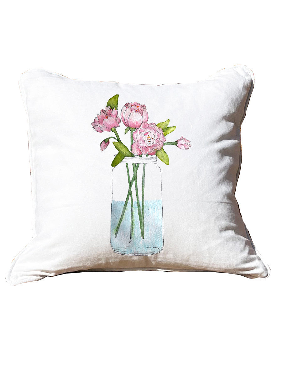 Mason Jar With Peonies White Square Pillow with Piping