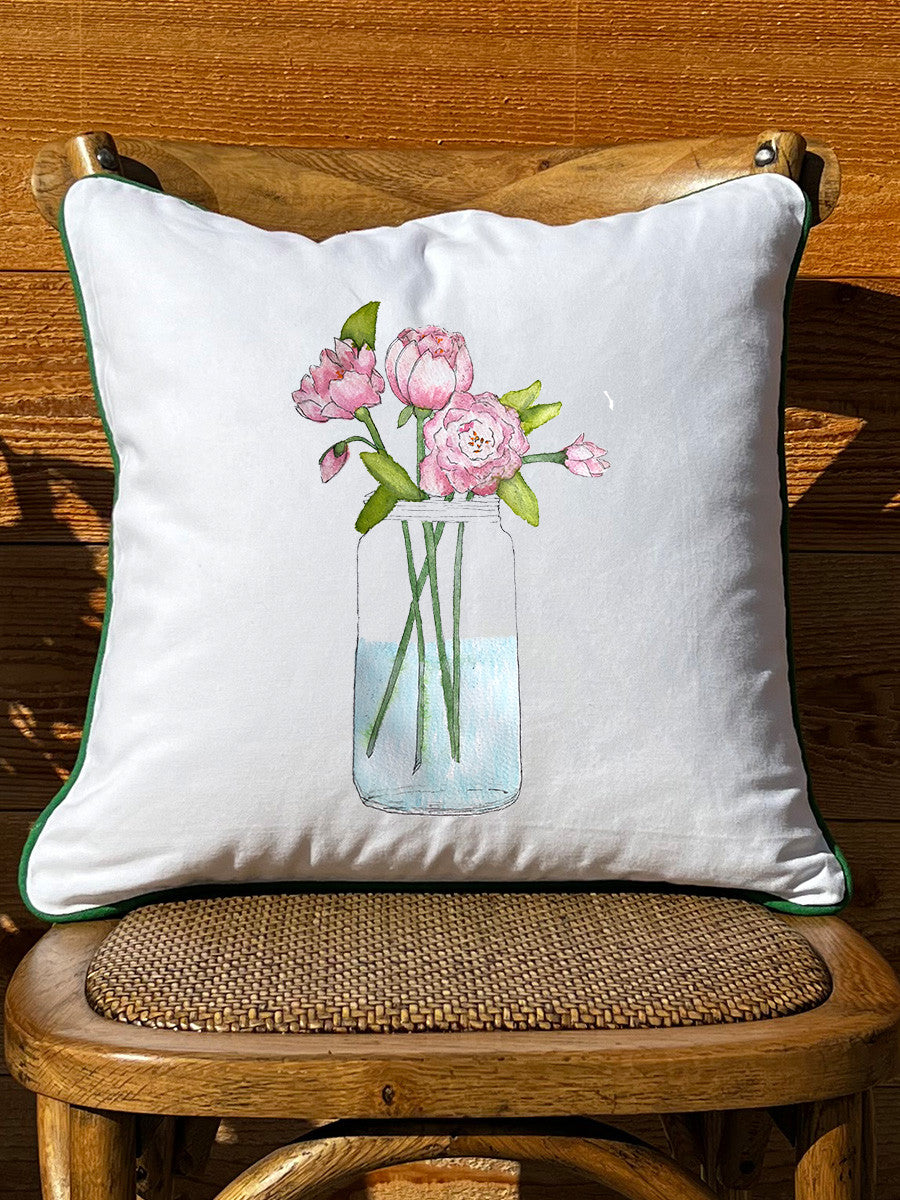 Mason Jar With Peonies White Square Pillow with Piping