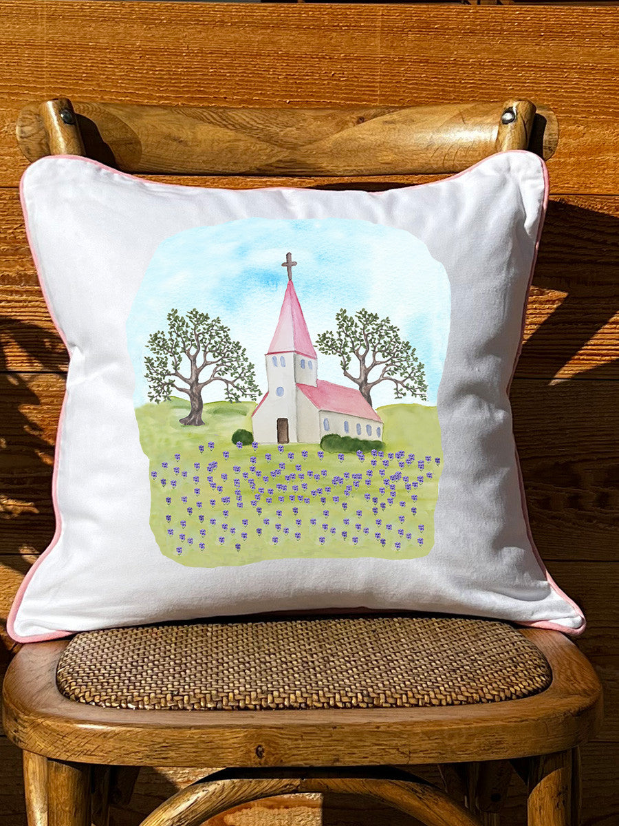 Pink Church White Square Pillow with Piping