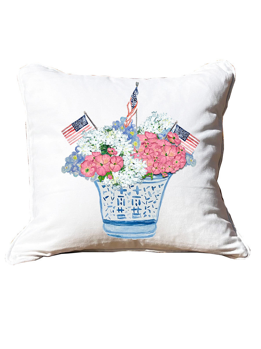 Patriotic Floral in Ginger Jar White Pillow with Piping