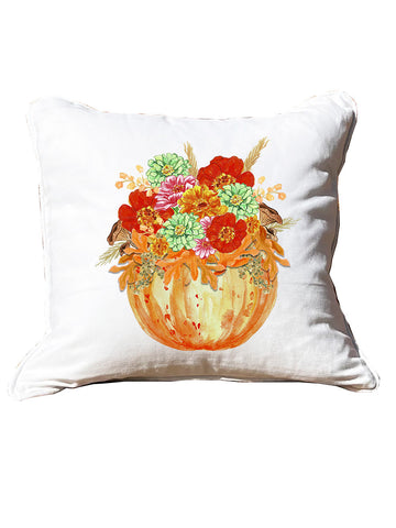 Pumpkin Floral White Square Pillow with Piping
