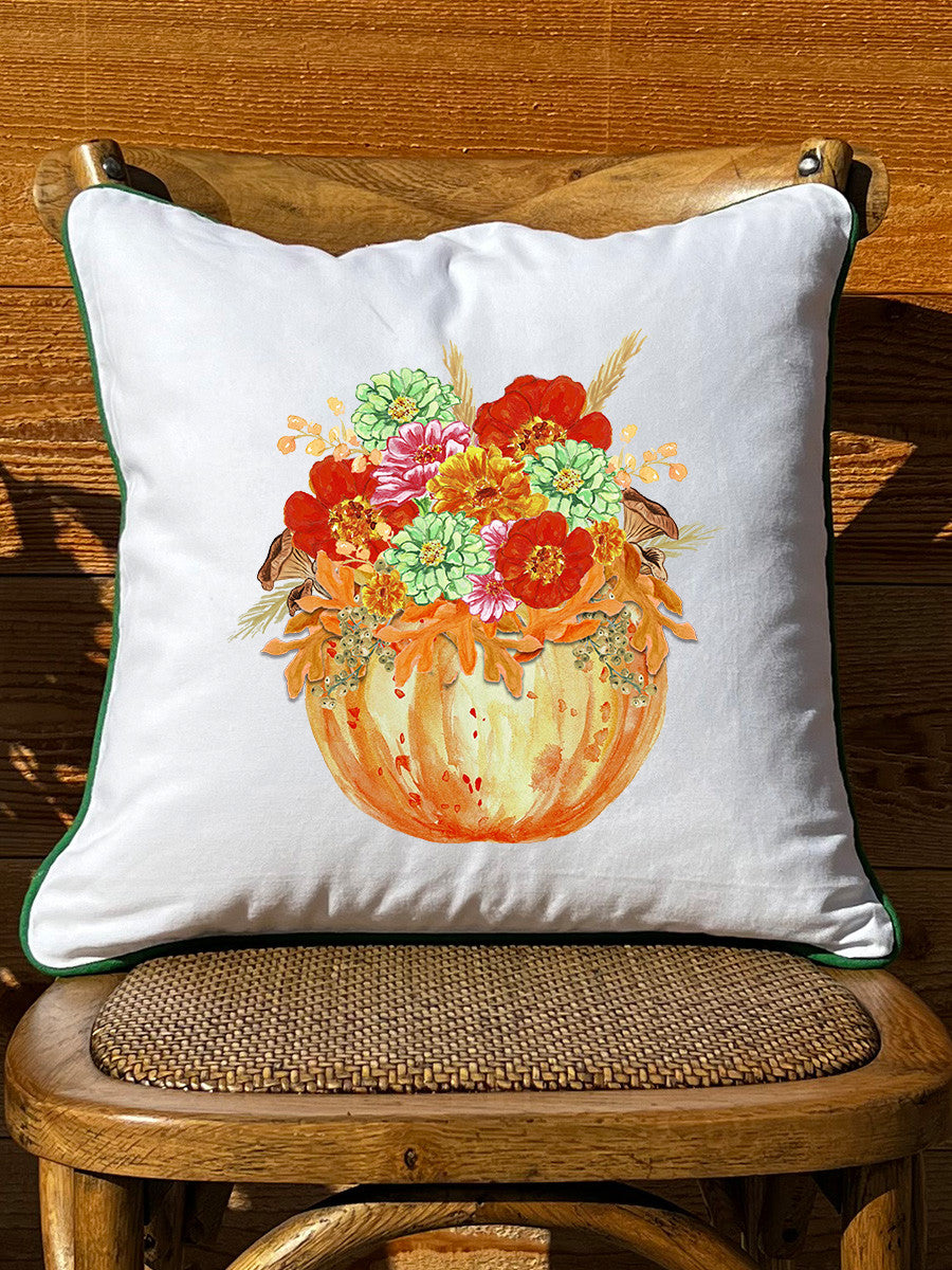 Pumpkin Floral White Square Pillow with Piping