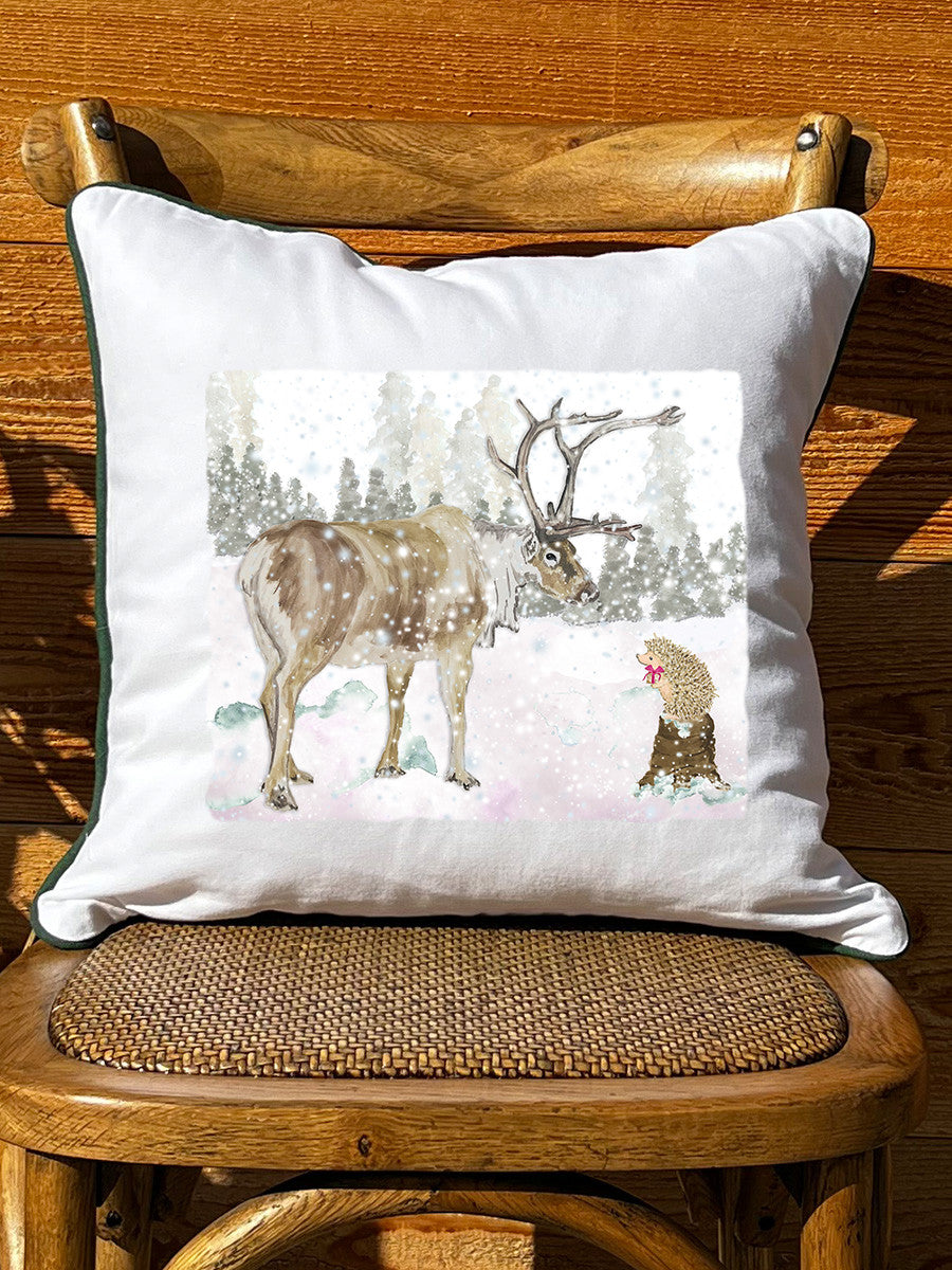 Reindeer & Hedgehog White Square Pillow with Piping