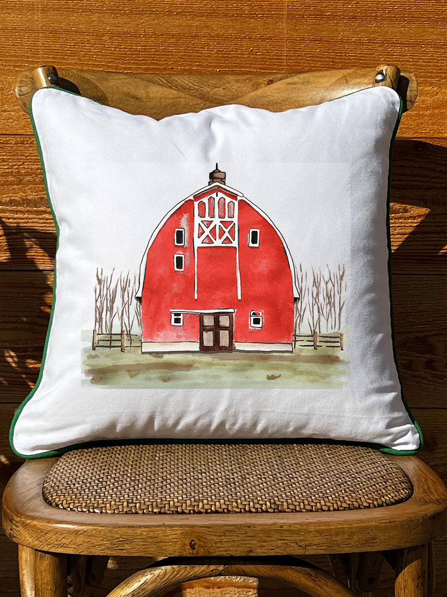 Red Barn White Square Pillow with Piping