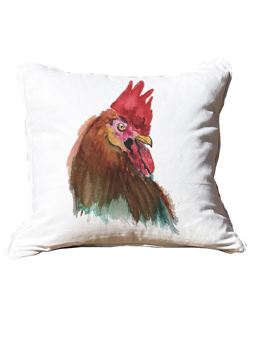 Watercolor Rooster White Pillow with Piping