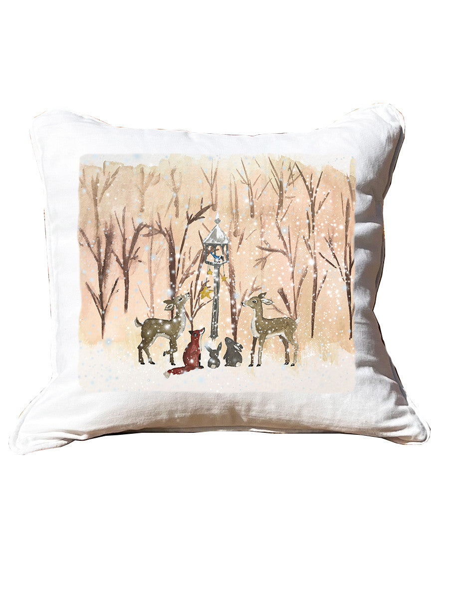 Snowy Animal Scene White Square Pillow with Piping