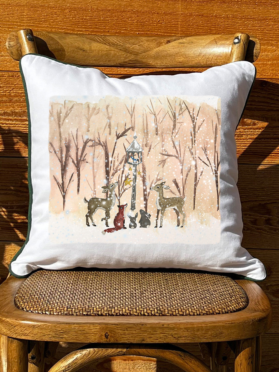 Snowy Animal Scene White Square Pillow with Piping