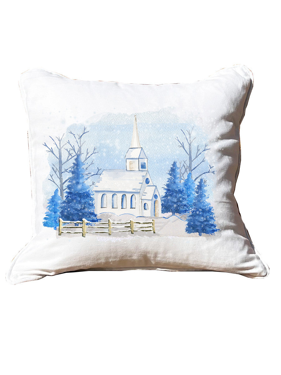 Snowy Blue Church White Square Pillow with Piping