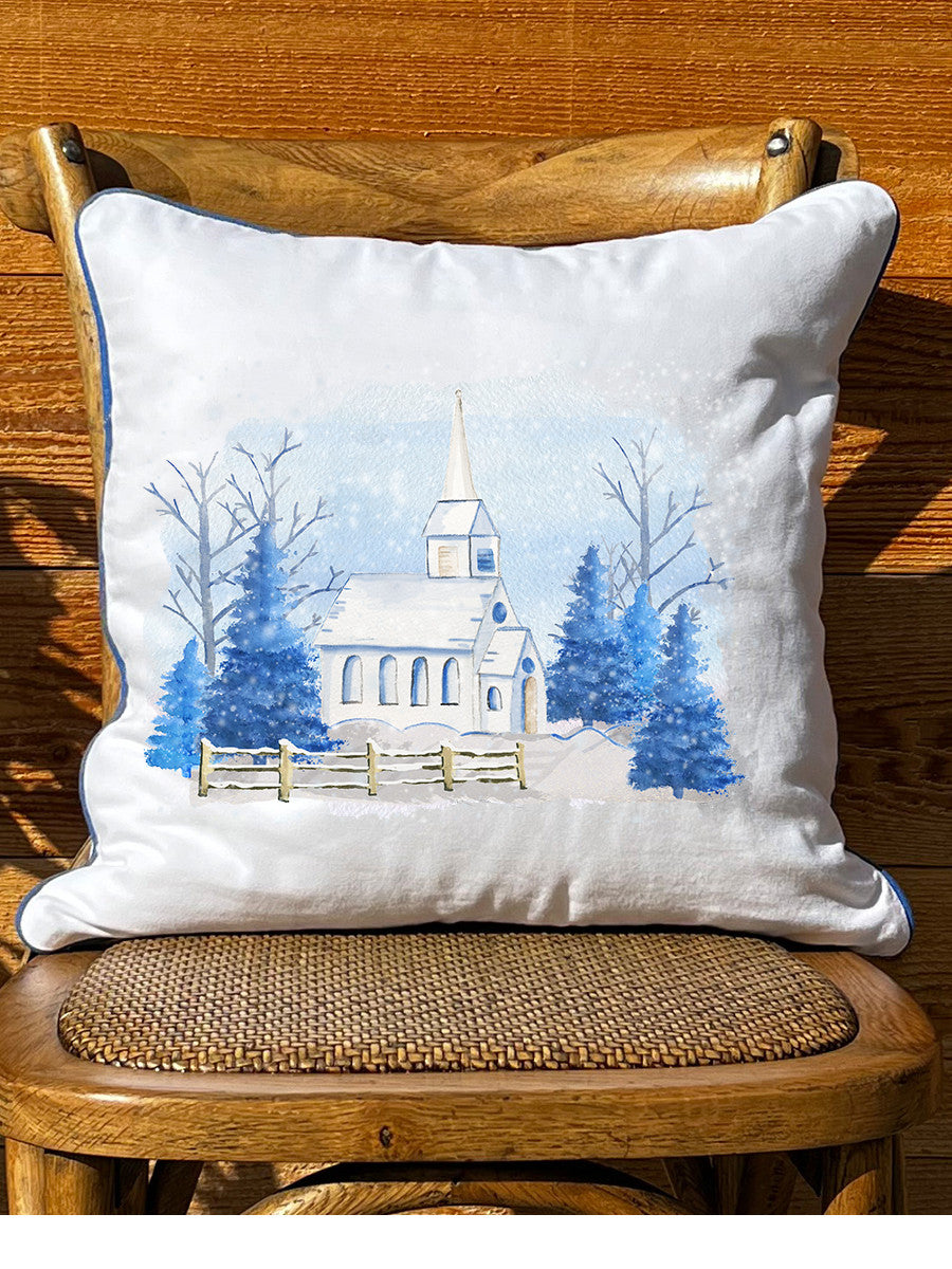 Snowy Blue Church White Square Pillow with Piping