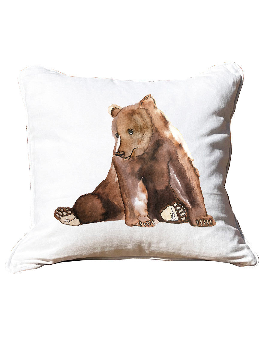 Sitting Bear White Square Pillow with Piping