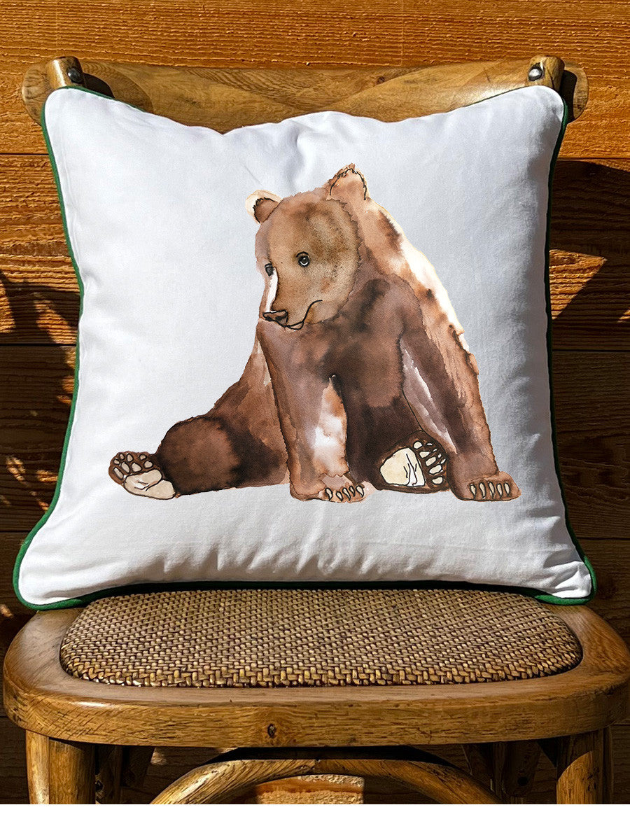 Sitting Bear White Square Pillow with Piping