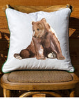 Sitting Bear White Square Pillow with Piping