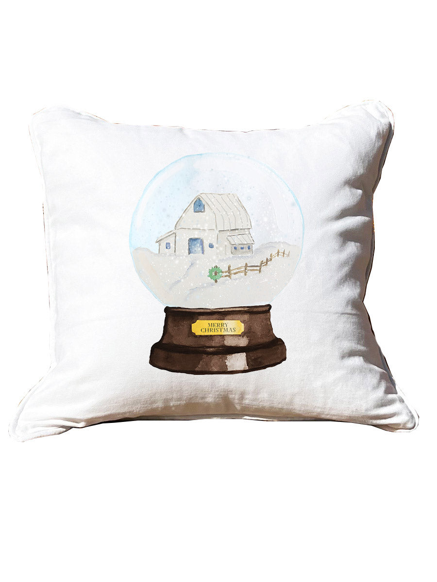 Snow globe barn White Square Pillow with Piping