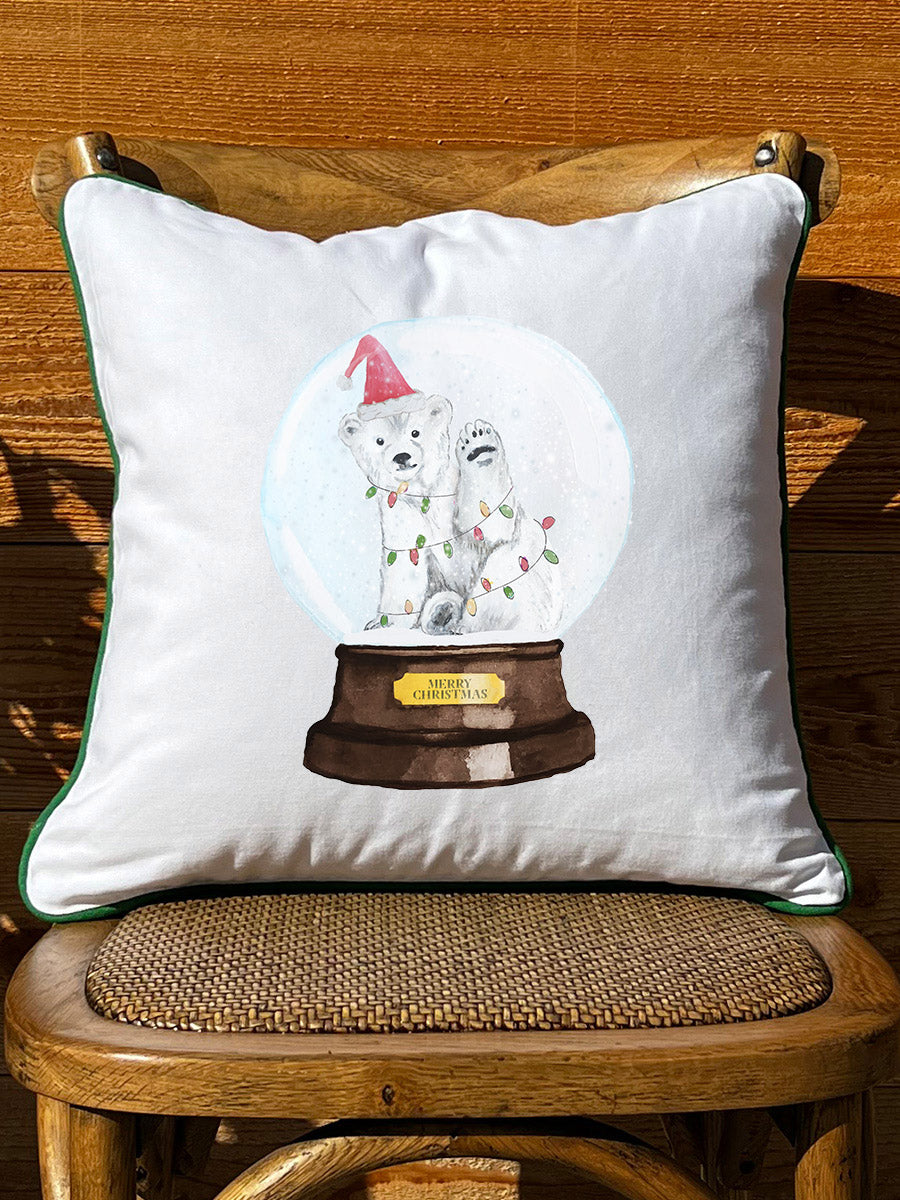 Snow globe polar bear White Square Pillow with Piping