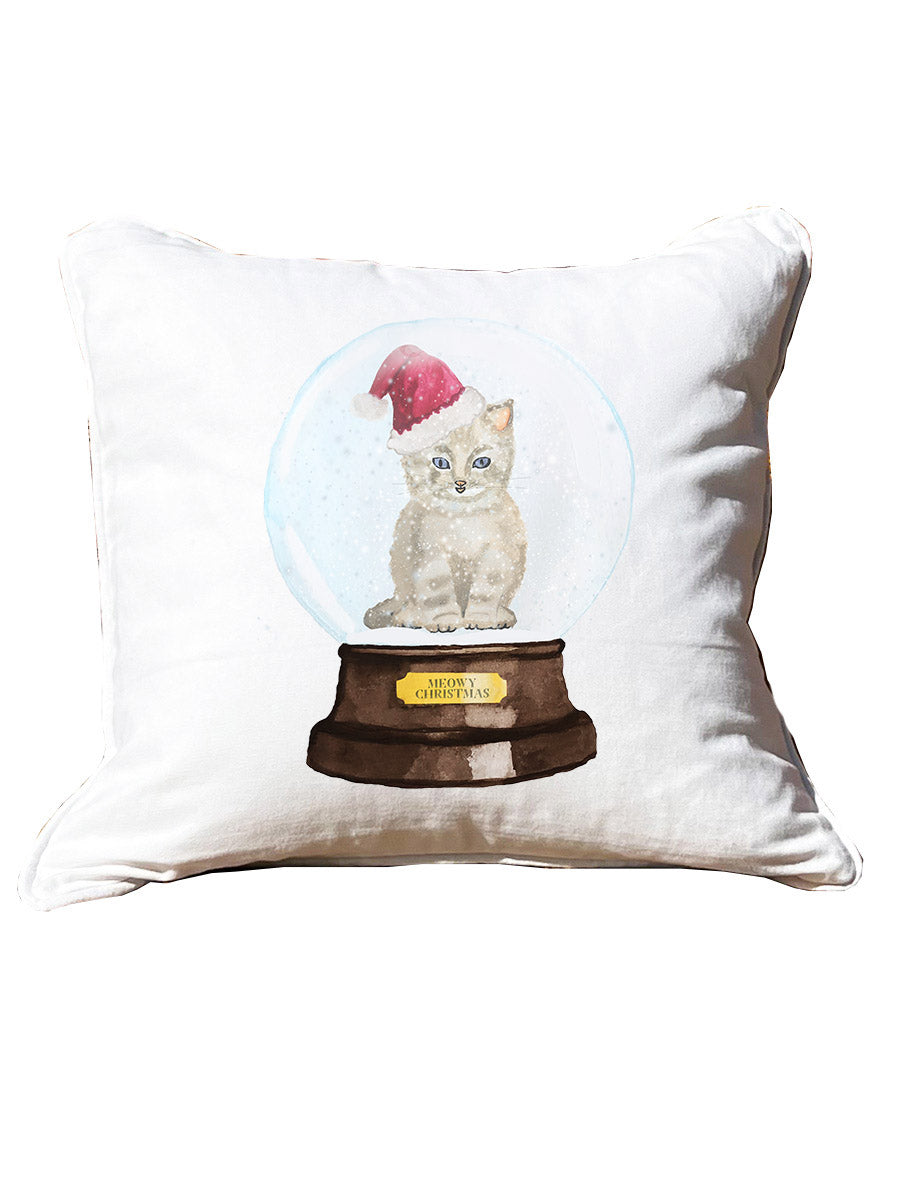 Snow globe polar cat White Square Pillow with Piping