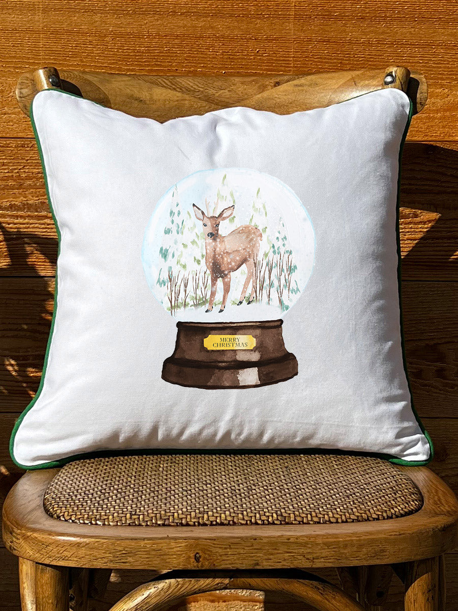 Snow globe deer White Square Pillow with Piping