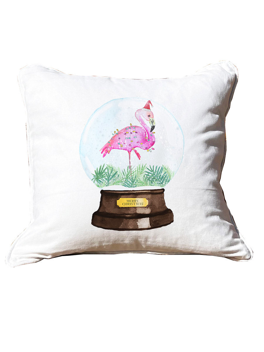 Snow globe flamingo White Square Pillow with Piping