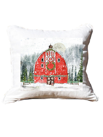 Snowy Red Barn White Square Pillow with Piping