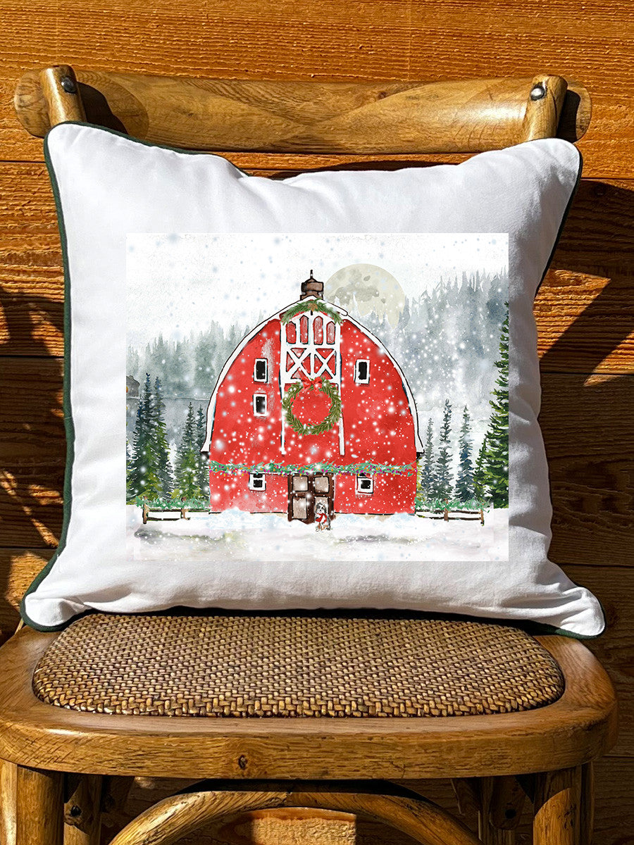 Snowy Red Barn White Square Pillow with Piping