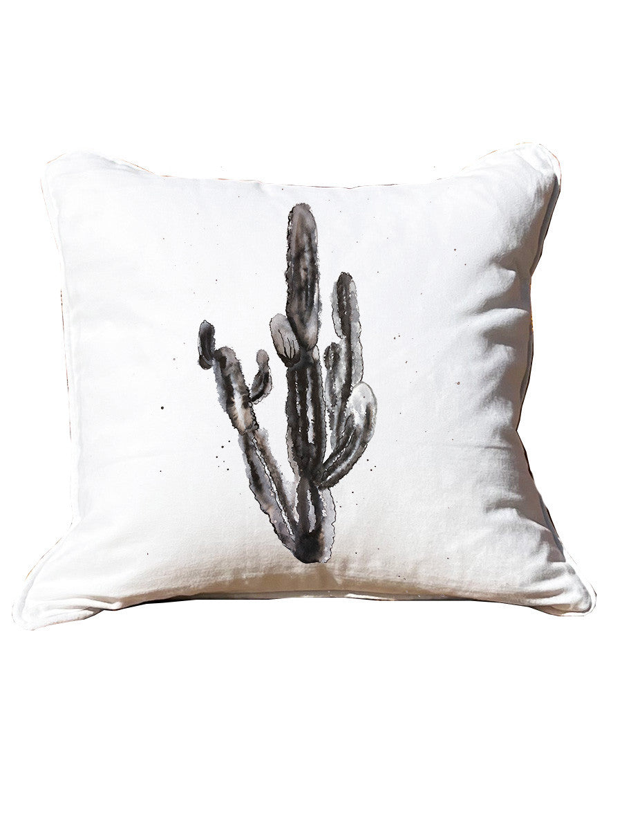 Tall Black Cactus White Pillow with Piping