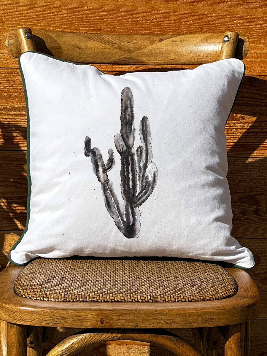 Tall Black Cactus White Pillow with Piping