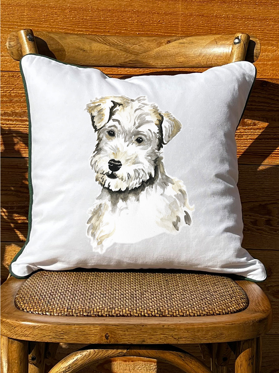 Terrier White Square Pillow With Piping