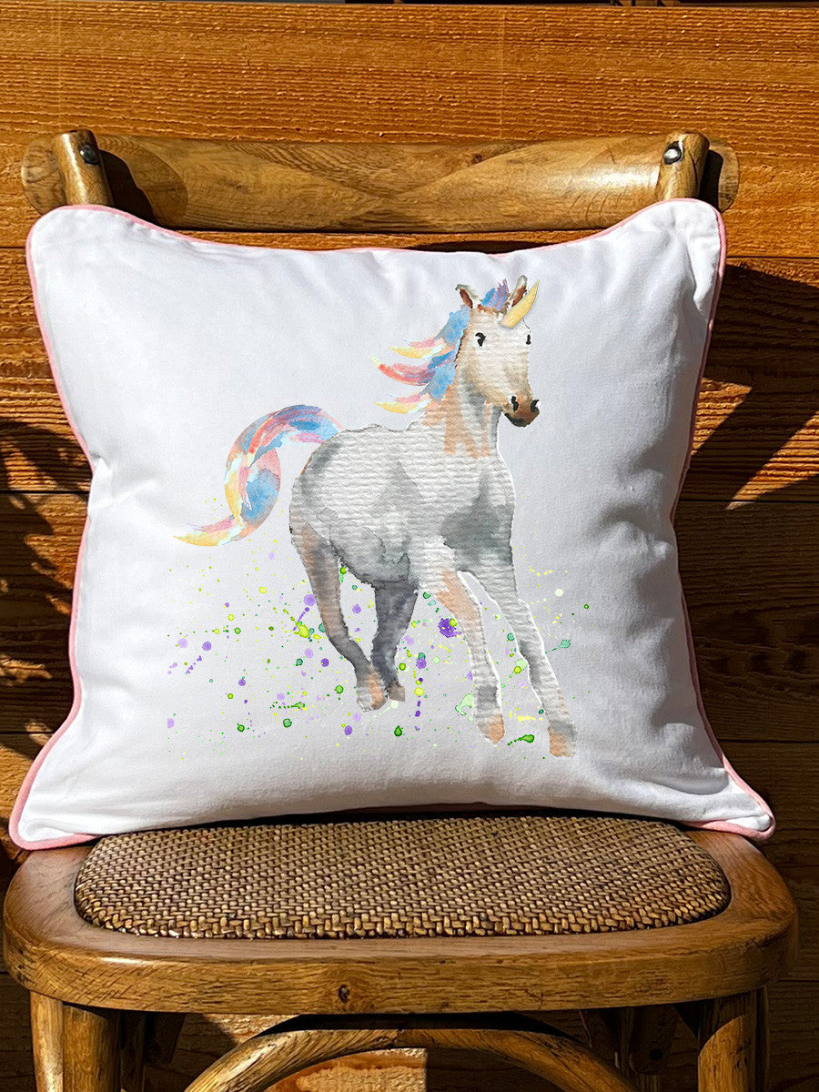 Unicorn White Square Pillow with Piping