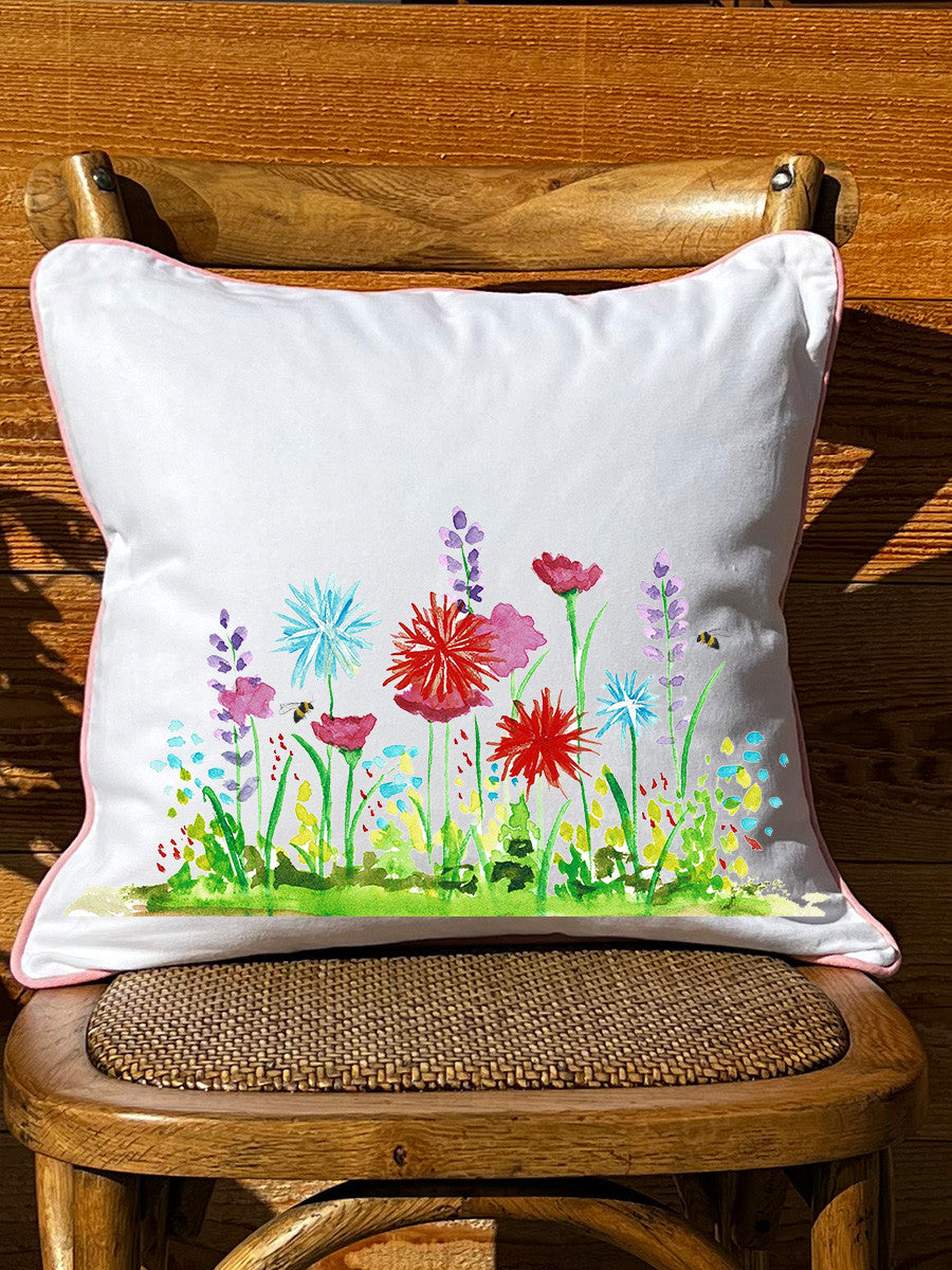 Wildflowers White Pillow with Piping