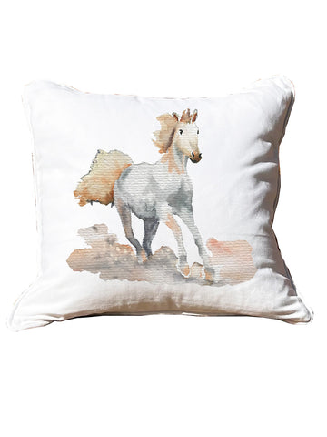 White Horse White Square Pillow with Piping