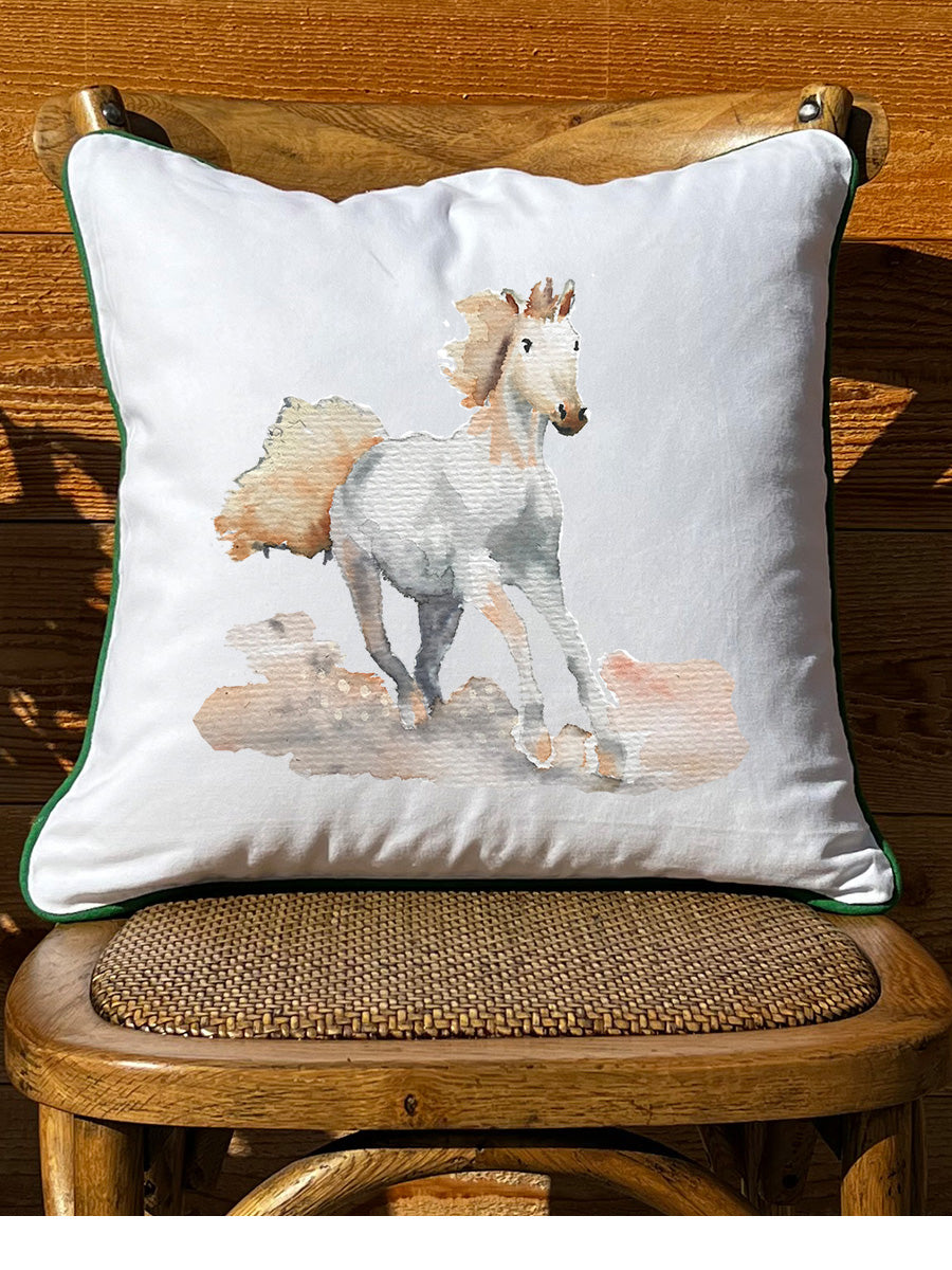 White Horse White Square Pillow with Piping