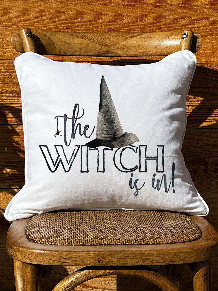 Witch is in White Square Pillow with Piping