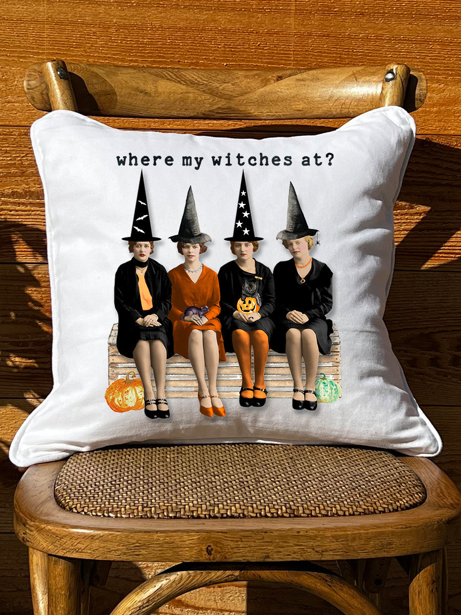 Where My Witches At White Square Pillow with Piping