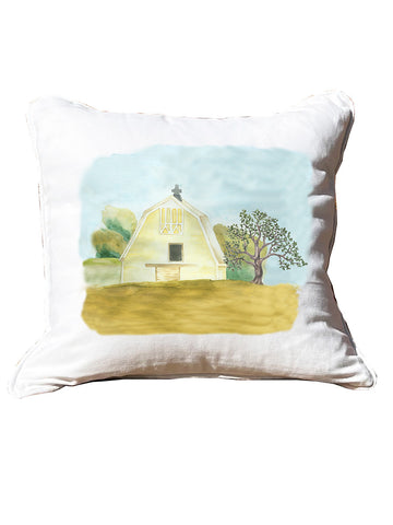 Yellow Barn White Square Pillow with Piping